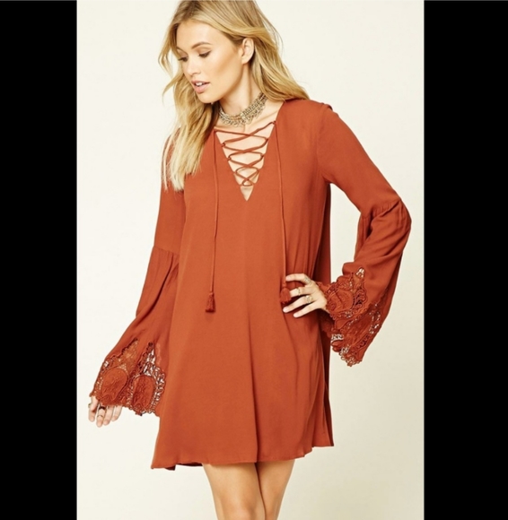 Lace up crochet hat Boho dress Small  Forever 21 Trendy Influencer dress  Rust S - Picture 1 of 17